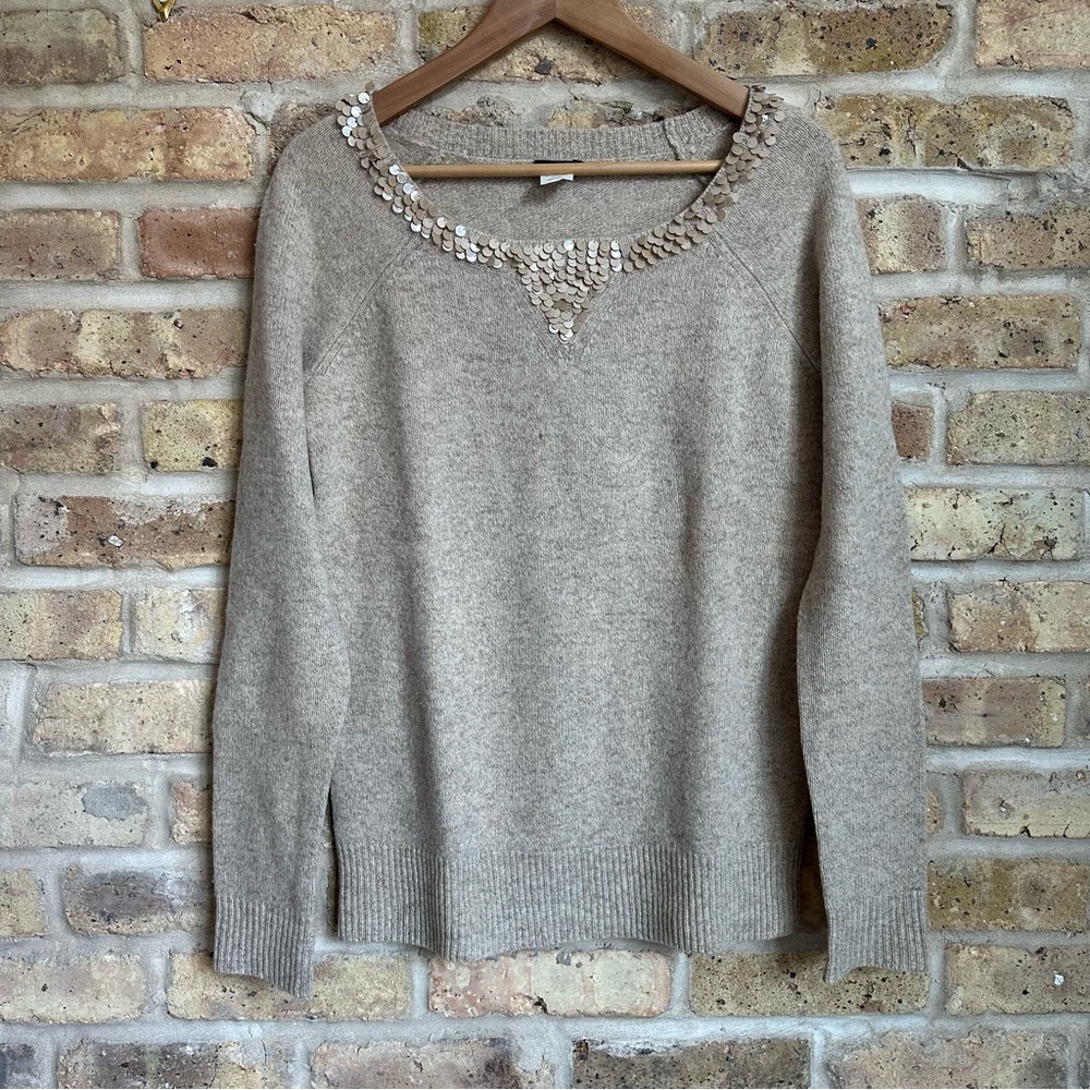 J. Crew Tan 100% Lamb’s Wool Sweater w/ Raglan Sleeves & Sequin Detail